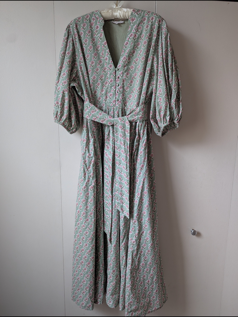 House Dress Floral Midi Dress with Puff Sleeves and Self-Tie Waist